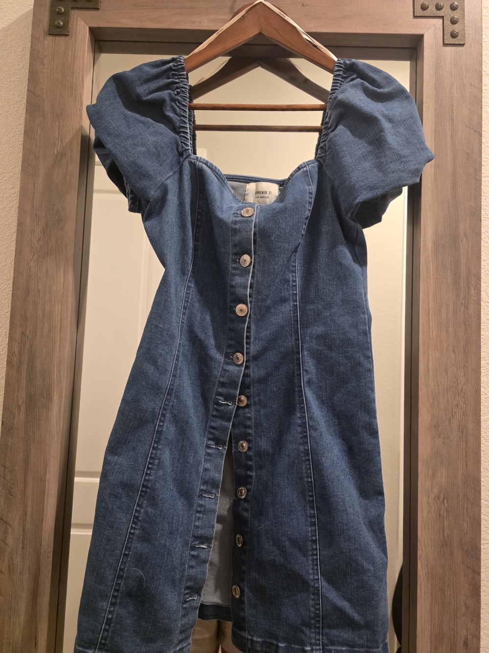 Forever 21 Denim Mini Dress with Puff Sleeves - Blue